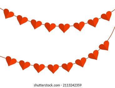Garland string with red paper heart for Valentines day isolated on white background. Holiday cartoon illustration
