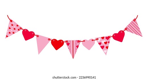 Garland with striped and plain triangular flags and hearts on a string. Festive garland with pink flags isolated on white. Vector illustration.