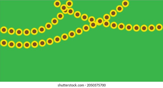 Garland from sunflowers. Green background. Holiday flowers decoration. Rustic style. Vector illustration. Stock image. 