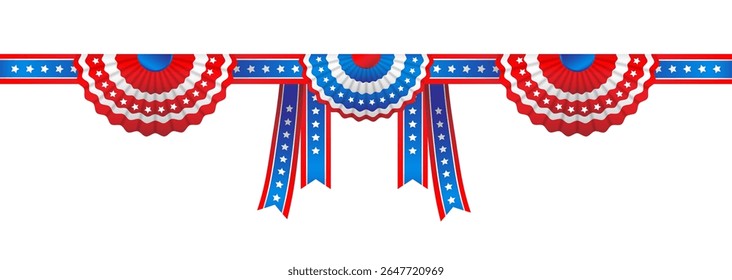 Garland is a symbol decoration for USA holidays. The colors of the national flag of the United States of America. July fourth holiday stars. Independence day card. Holiday template for design banner