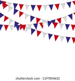 Garland with triangle celebration flags, white, blue, red pennants on a white background.