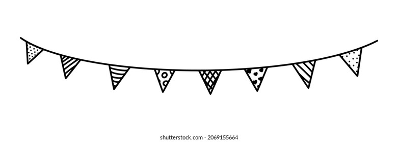 Garland with triangle flags for carnival or celebration. Decor bunting garland isolated on white background. Vector illustration in doodle style