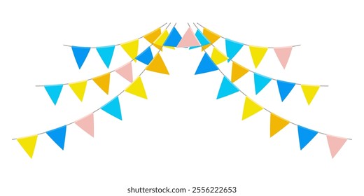 Garland with triangle flags. Decorative bunting background for party, holiday carnival, birthday celebration, festival decoration. Hanging flags. Vector isolated on transparent illustration