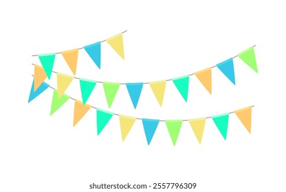 Garland with triangle flags. Decorative bunting background for party, holiday carnival, birthday celebration, festival decoration. Hanging flags. Vector illustration