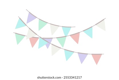 Garland with triangle pastel flags. Decorative bunting background for party, holiday carnival, birthday celebration, festival decoration. Hanging flags. Vector illustration