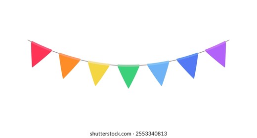 Garland with triangle rainbow flags. Decorative bunting background for party, holiday carnival, birthday celebration, festival decoration. Hanging flags. Vector illustration