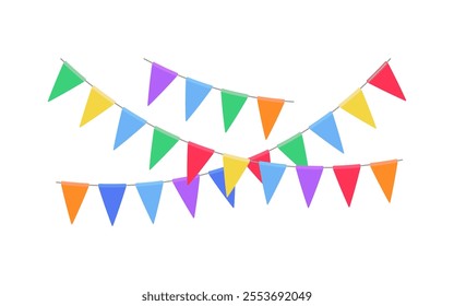 Garland with triangle rainbow flags. Decorative bunting background for party, holiday carnival, birthday celebration, festival decoration. Hanging flags. Vector illustration