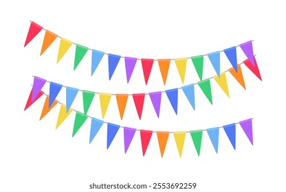 Garland with triangle rainbow flags. Decorative bunting background for party, holiday carnival, birthday celebration, festival decoration. Hanging flags. Vector illustration