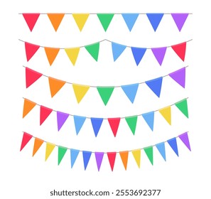 Garland with triangle red flags set. Decorative bunting background for party, holiday carnival, birthday celebration, festival decoration. Hanging flags. Vector illustration