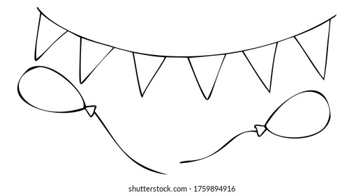 garland of triangles and balloons, vector decorative element for halloween celebration in doodle style, black outline