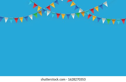 Garland of triangular flags for birthday, holiday, party. Festive garland and oatmeal of colorful flags on a blue background. Rainbow colors flat style, cartoon design. Vector illustration, EPS 10.