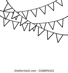 Garland of triangular flags. Hanging flags on a rope thread. Festive decoration.