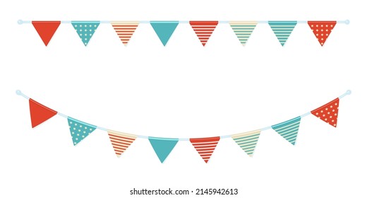 Garland of triangular flags on ribbon in nautical theme. Vector illustration bunting in cartoon style. Colorful holiday elements for design greeting cards, carnival or party invitations.