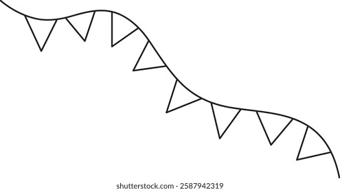 a garland of triangular paper flags, a black and white vector linear icon isolated on a white transparent background