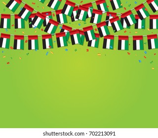 Garland UAE Flags with green Background Template Banner, Hanging Bunting Flags for UAE National day celebration. Vector illustration