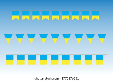 Garland of Ukrainian flags. Pattern of holiday symbols of the country of Ukraine. Flags for national day. Vector image.