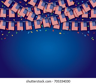 Garland USA Flags with blue Background, Template Banner, Hanging Bunting Flags for July 4th national holiday celebration, Vector illustration