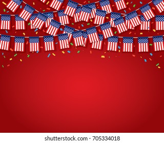 Garland USA Flags with red background, Template Banner, Hanging Bunting Flags for July 4th national holiday celebration, Vector illustration