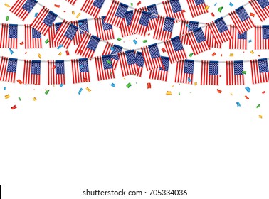 Garland USA Flags with white Background, Template Banner, Hanging Bunting Flags for July 4th national holiday celebration, Vector illustration