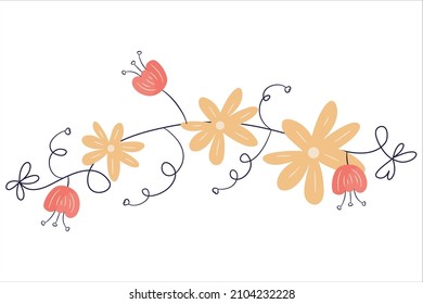 Garland for valentines day with heart and flowers.Romantic decoration for decoration with leaves and bows. Vector illustration in flat handdrawn style