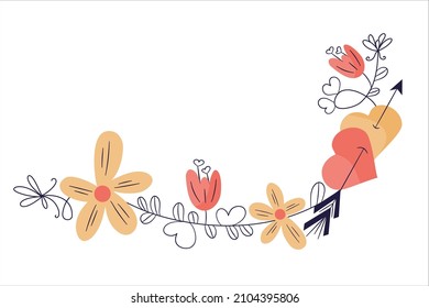 Garland for valentines day with heart and flowers.Romantic decoration for decoration with leaves and bows. Vector illustration in flat handdrawn style.