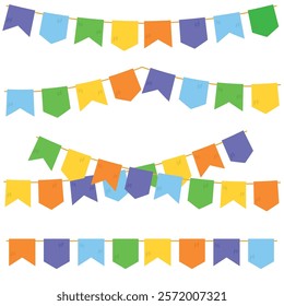 Garland Vector. Bandeirinhas de Festa Junina Translated Junine Party Buntings. Brazil Culture. June Celebrations. Colorful Hanging Decorations.