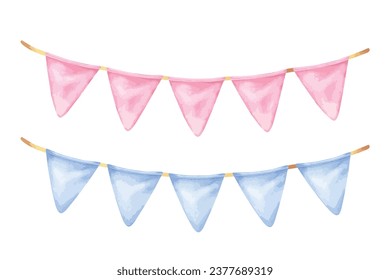 Garland vector illustration. Hand drawn clip art of pennant on isolated background. Watercolor drawing of pink and blue party flags. Painting of festoon in pastel colors. Sketch of birthday bunting