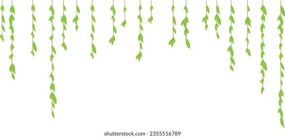 Garland from vertical hanging plants with geen leaves. Simplistic foliage border. Vector isolated decoration element.