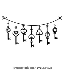 garland of vintage openwork keys, black stencil, vector isolated illustration on a white background, design, banner, decoration, print