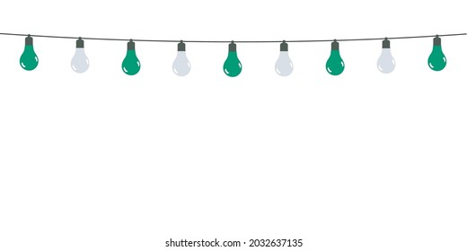 Garland of white and green light bulbs on white background	