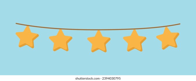Garland of winter set in cartoon design. This enchanting Christmas garland with a lively array of stars against a calming blue backdrop creates a magical and joyous atmosphere. Vector illustration.