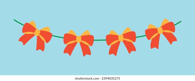 Garland of winter set in cartoon design. Highlighting of the festive magic in project space with this colorful Christmas garland of bow against a serene blue background. Vector illustration.