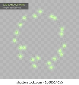 Garland of wire from green lights, on light transparent background with shadow. Vector illustration. Holiday template decoration, design, decor. Elements for flyer, poster, banner, web.