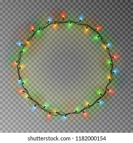 Garland Wreath Decorations. Christmas Color Lights Ring With Isolated Shine Lamps Element. Glowing String For Xmas Holiday Greeting Card Design. Vector Illustration.