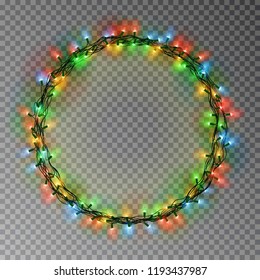 Garland Wreath Decorations. Christmas Color Lights Ring With Isolated Shine Lamps Element. Glowing String For Xmas Holiday Greeting Card Design. Vector Illustration.