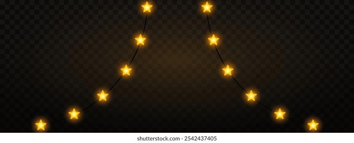 Garland of yellow gold star shaped Christmas lights hanging on a dark background, festive atmosphere. A string glowing fairy lights on a transparent background. Decorative, warm lighting