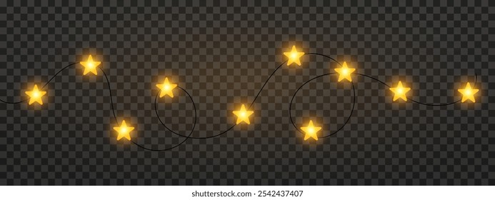 Garland of yellow gold star shaped Christmas lights hanging on a dark background, festive atmosphere. A string glowing fairy lights on a transparent background. Decorative, warm lighting