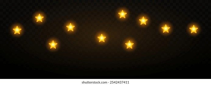 Garland of yellow gold star shaped Christmas lights hanging on a dark background, festive atmosphere. A string glowing fairy lights on a transparent background. Decorative, warm lighting