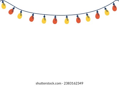 Garland with yellow and red light bulbs. National Christmas lights day. Cute holiday background. Flat style hand drawn vector illustration.