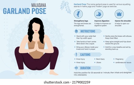 Garland Yoga Pose Guide and benefits vector illustration