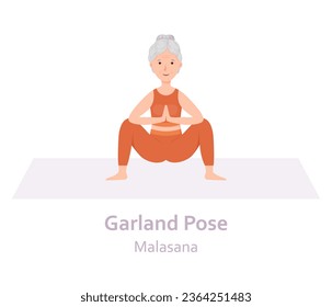 Garland Yoga pose. Malasana. Elderly woman practicing yoga asana. Healthy lifestyle. Flat cartoon character. Vector illustration