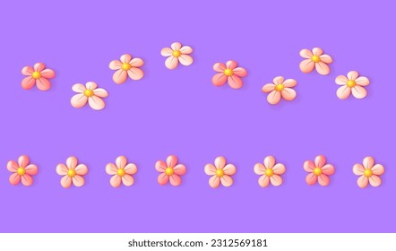 Garlands of 3D pink flowers. Floral borders. 3D vector objects