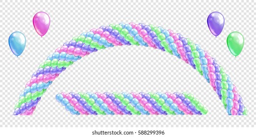Garlands of balloons. Delicate colors balloons line and arch. Arch of balloons. Blue pink green violet balloon set. Vector objects on transparent background