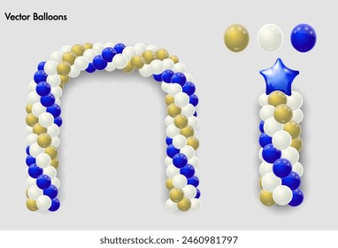 Guirnaldas de globos. Globos de colores blanco dorado negro línea y arco. Arco de globos. Conjunto de globos blanco negro dorado. Objetos vectoriales sobre fondo transparente