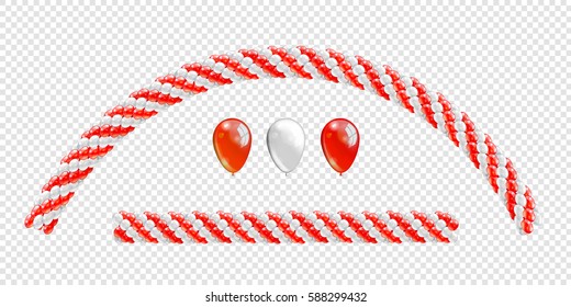 Garlands of balloons. Red and white colors balloons line and arch. Arch of balloons. Red and white balloon set. Vector objects on transparent background