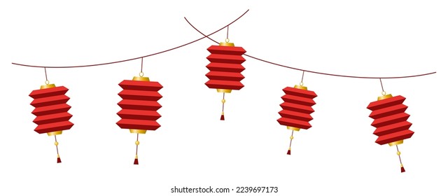 Garlands with beautiful red Chinese lanterns on white background