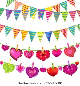 Garlands With Bunting Flags And Hearts, With Gradient Mesh, Vector Illustration