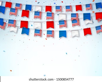 Garlands of bunting USA flags. Decorative patriotic symbols for national holidays in United States of America. Vector banner for celebrate Independence, labor, patriot day. Vector illustration
