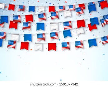 Garlands of bunting USA flags. Decorative patriotic symbols for national holidays in United States of America. Vector banner for celebrate Independence, labor, patriot day. Vector illustration