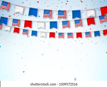 Garlands of bunting USA flags. Decorative patriotic symbols for national holidays in United States of America. Vector banner for celebrate Independence, labor, patriot day. Vector illustration